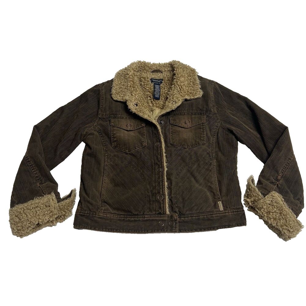 AE Vintage Y2K American Eagle Jacket Brown Corduroy Sherpa Lined Trucker Large